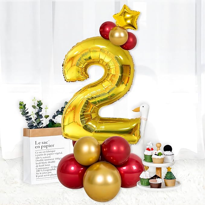 40 Inch Gold Number Balloons, Helium Mylar Foil Number Balloons for Birthday, Number 2 Balloon for 2st Birthday Decorations for Kids, Anniversary Party Decorations Supplies