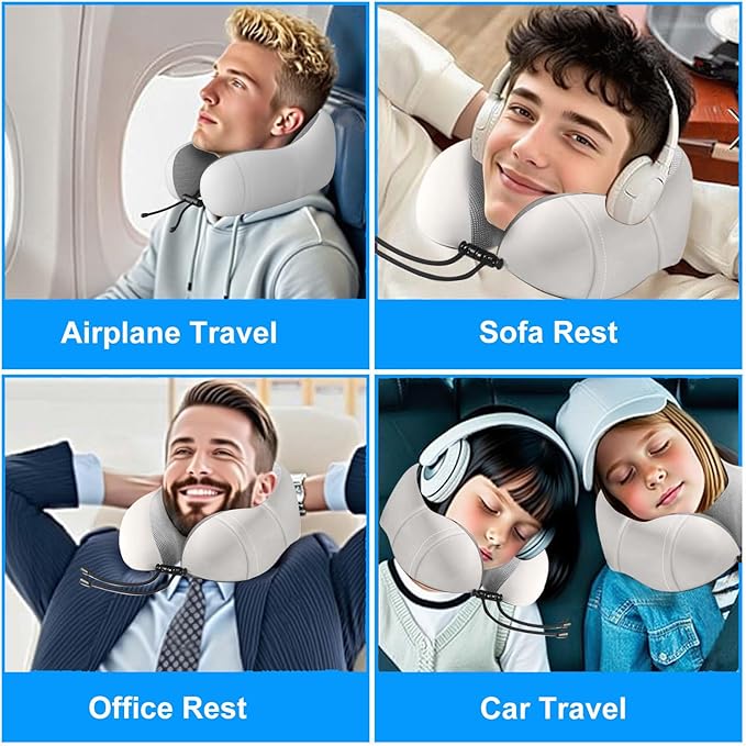 Neck Pillow for Traveling,Premium Memory Foam Travel Neck Pillow for Airplane,Soft Smooth & Breathable Cover,Adjustable Headrest Sleep Flight Pillow for Plane,Car,Office and Home,Light Grey
