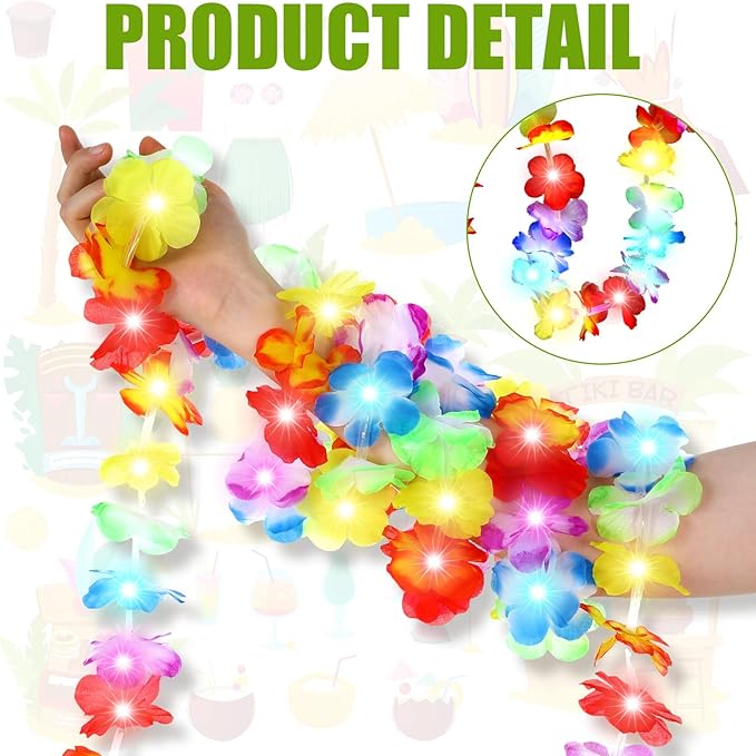 35.43ft Light up Hawaiian Flower Lei Garland Tropical Hawaiian Garland LED Lighted Luau Party Flower Banner for Luau Summer Beach Party Decorations