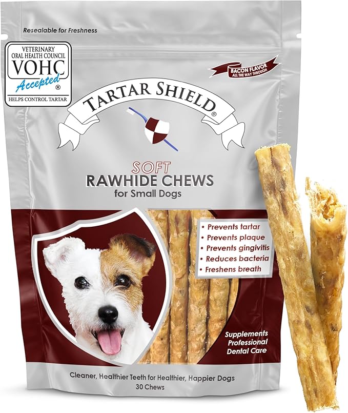 Tartar Shield Soft Rawhide Chews | Safe Dental Treats for Small Dogs | Vet VOHC Approved | Daily Bone Cleans Teeth & Gums Fresh Breath Oral Health Support | USA Made | (Small Dogs / 30 Count)