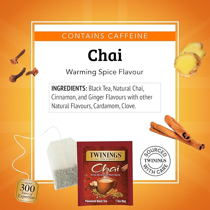 Twinings Chai Black Tea Individually Wrapped Bags, 50 Count (Pack of 6), Sweet, Savoury Spices, Caffeinated, Enjoy Hot or Iced, 300 Teabags