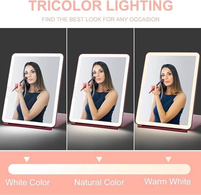 Mocado LED Travel Makeup Mirror, Rechargeable Vanity Mirror with Lights, Portable Mirror with Lights - 7x9 inches, 3 Colors Light, Foldable, Dimmable Touch Screen, Travel Essential (Wine Red)