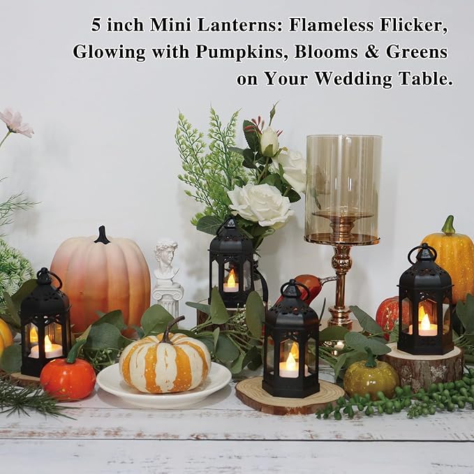 LLQ 8Pcs Mini Lanterns for Centerpiece, Medieval Gothic Fairy Party Decor, Decorative Candle Lanterns for Indoor, Small Vintage Lantern for Halloween Christmas Wedding Table Decor, Black