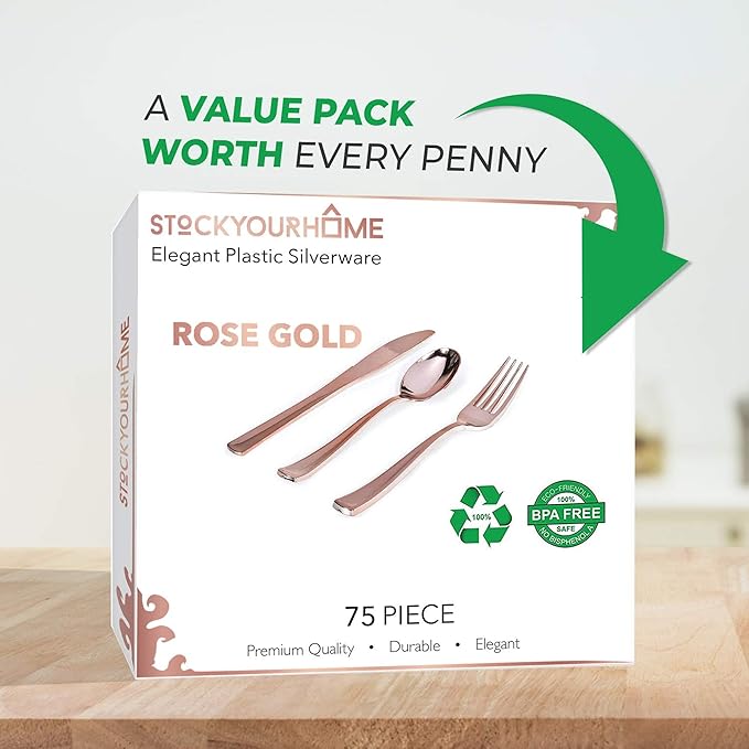 75-Pcs Heavy Duty (Rose Gold) Plastic Silverware Set, Disposable Cutlery Set, Great for Parties, Weddings, and Catering, Flatware Utensils Included: 25 Forks, 25 Spoons, 25 Knives, Packaging May Vary