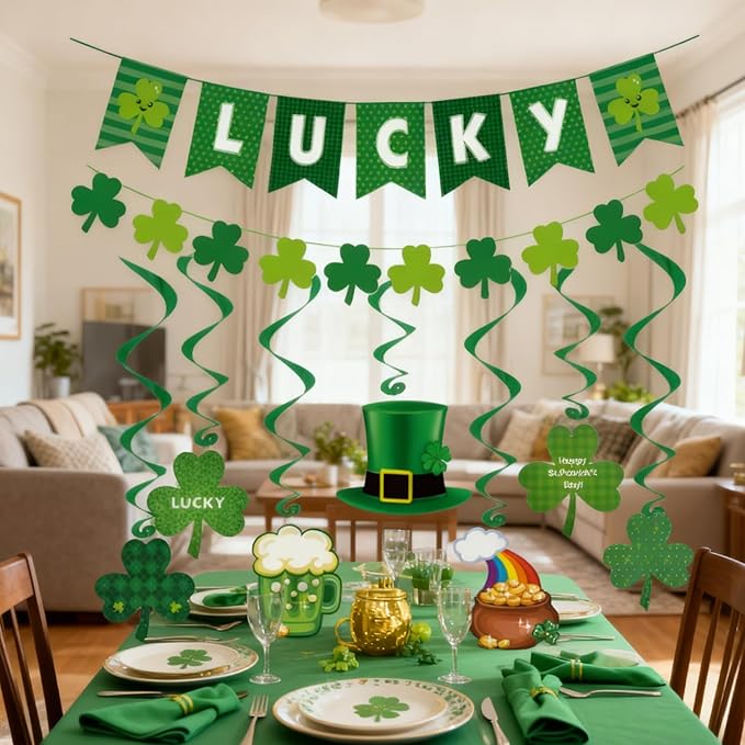 St. Patrick's Day Decorations Set for Party, Lucky Banner Shamrock Banner Garlands Hanging Swirls Clover Decor for Home St Patricks Day Party Supplies
