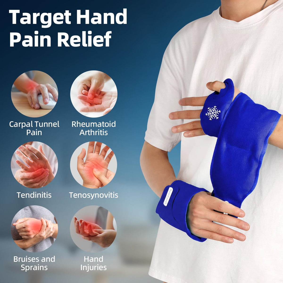 Comfytemp Wrist Ice Pack Wrap Carpal Tunnel Relief Wrist Brace, 2 Packs, FSA Eligible HSA, Gel Ice Packs for Injuries Reusable Wrap for Hand Pain, Hot Cold Compress Hand Brace, Dark Blue
