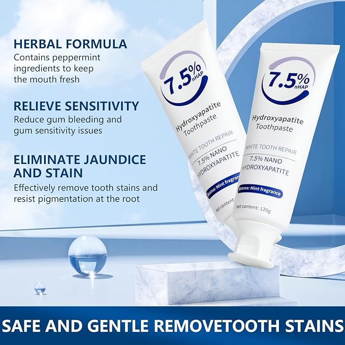 Hydroxyapatite Toothpastes for Enamel Protection and Tooth Strengthening, Fluoride-Free Formula for Sensitive Teeth, Gentle and Effective Formula, Gentle Mint, Fresh Breath (2PCS)