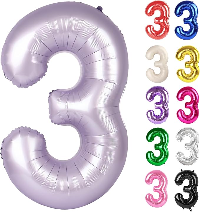 Lilac Number 3 Balloon 40 Inch, Lavender 3 Balloon Number, Mauve 3rd Birthday Decorations, Lilac Mauve Party Supplies for Boys Girls