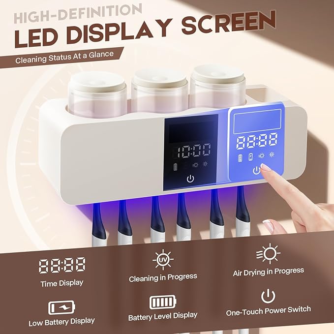 3 in 1 Toothbrush Cleaner Holders for Bathrooms,Wall Mounted Toothbrush Holders with Drying and Cleaning,Smart LED Screen,6 Toothbrush Slots,3 Cups and Toothpaste Dispenser (White)
