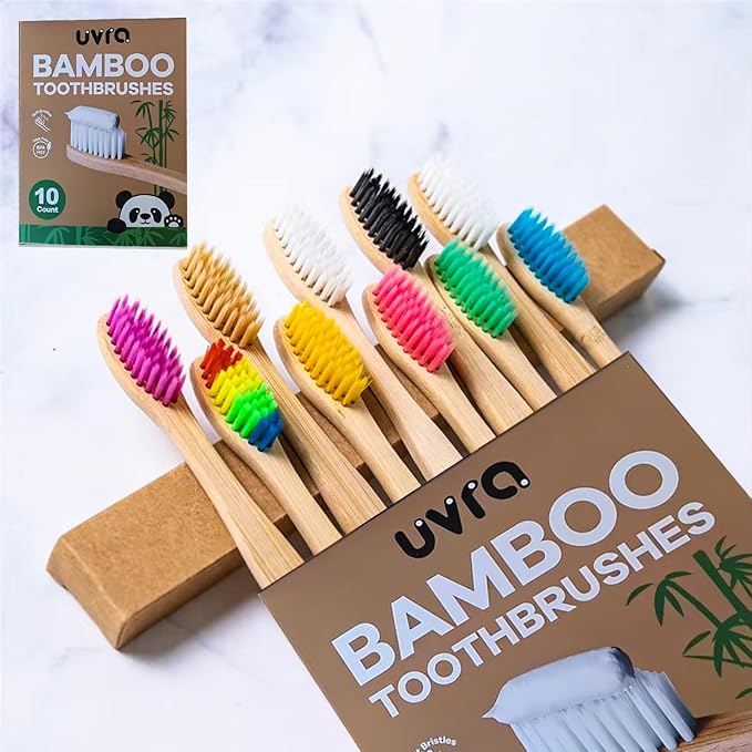 Bamboo Toothbrushes for Adults - 10 Pack Biodegradable Bamboo Toothbrush Teeth Colorful Bristle Natural Bamboo Tooth Brush Dental Eco Wood Toothbrushes (Multicolour)