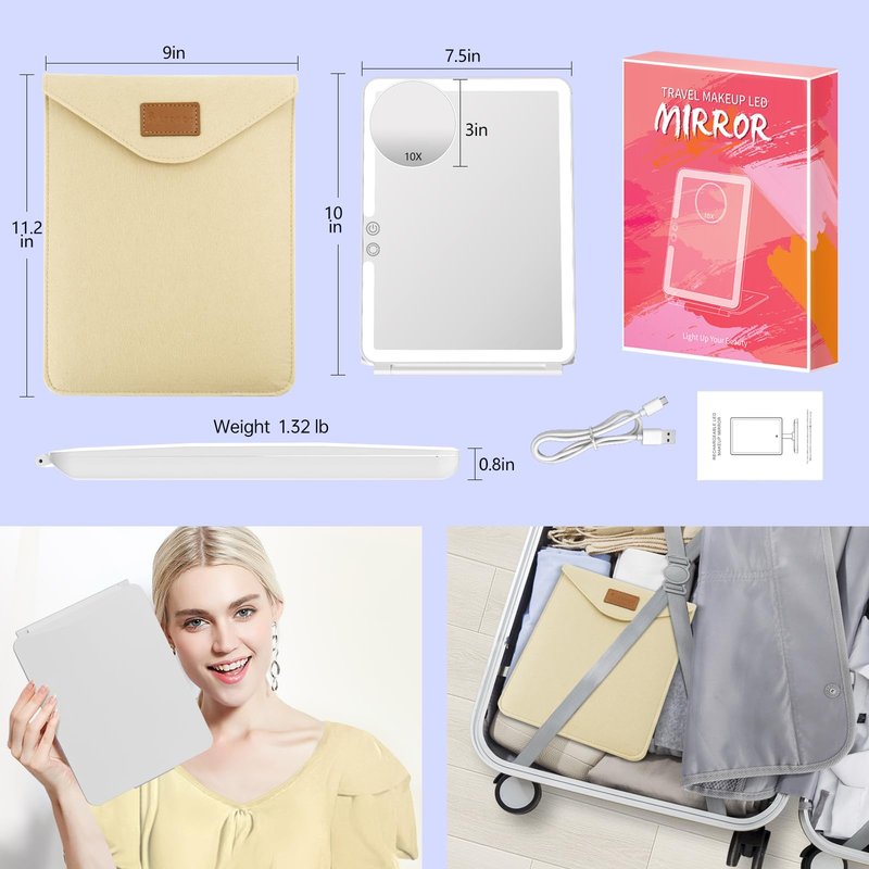 FUNTOUCH Large Rechargeable Travel Makeup Mirror with Light, 2500mAh Portable Makeup Mirror with 10X Magnifying Mirror 3 Lighting Modes, Dimmable Touch, Tabletop Folding Travel Mirror with Storage Bag