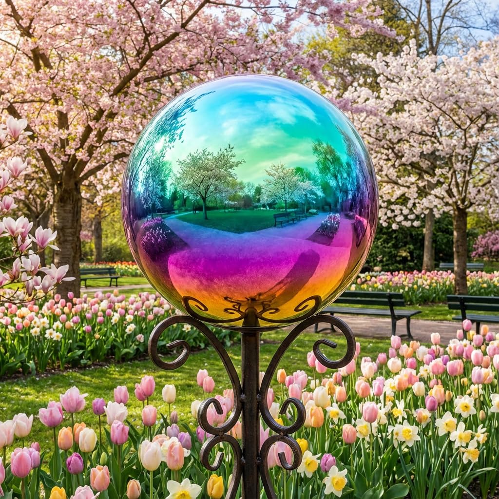 HomDSim 30cm/12 inch Garden Sphere Mirror Gazing Ball,Rainbow Stainless Steel Polished Reflective Smooth Hollow Globe Ball,Durable Colorful and Shiny Decorations Addition to Garden Patio Yard Home