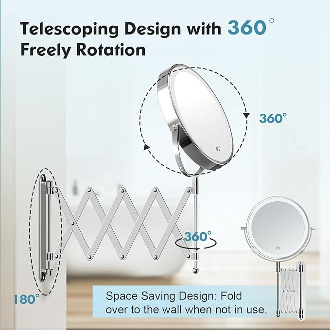 Rechargeable Wall Mounted Makeup Mirror - 8 Inch Double Sided 1X/30X Magnifying Mirror with 3 Color Lights Dimmable Touch Screen, 360°Swivel 19.6 Inch Extendable Accordion Bathroom Mirror - Chrome