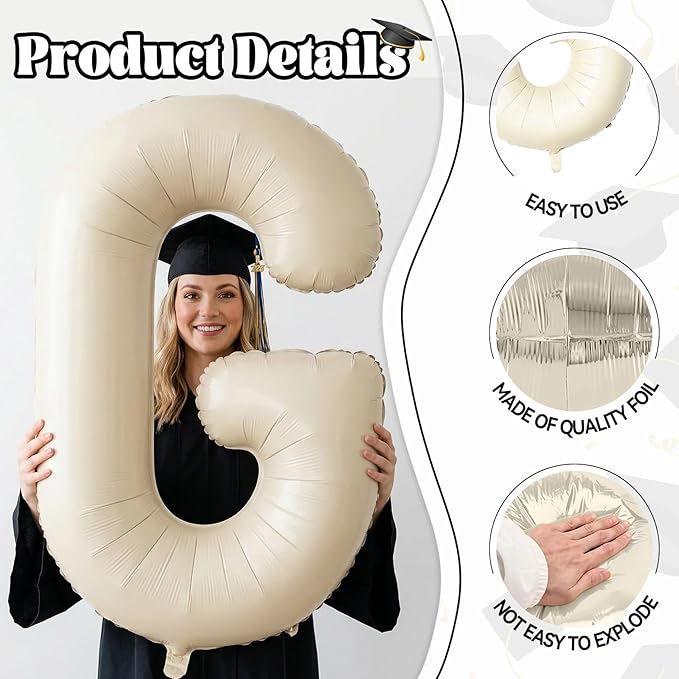 Biapian 40 Inch GRAD Balloons, Cream Letter Balloon, Beige Graduation Decorations, Large Banner With White Ribbon for Class of 2024 Party