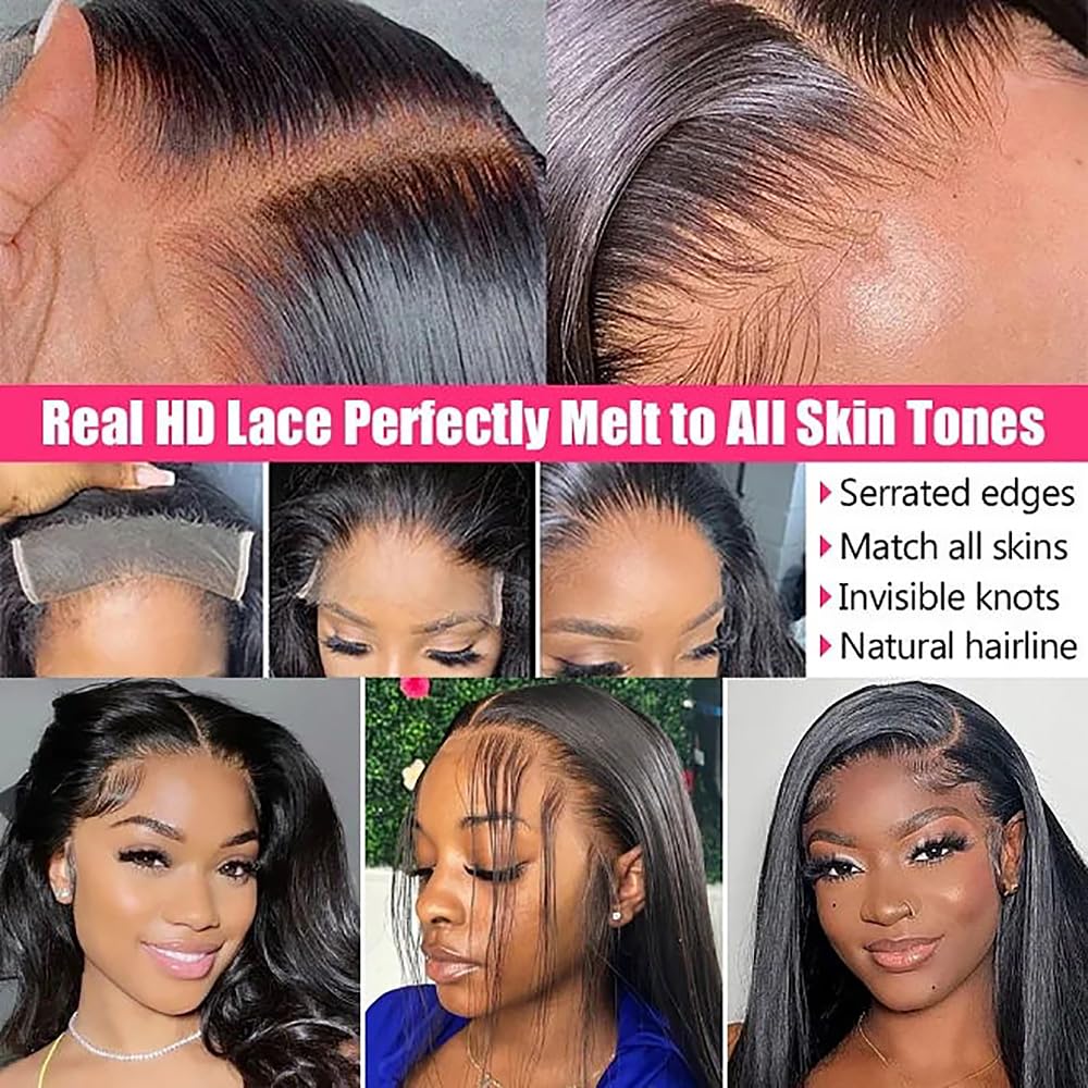4X4 Straight HD Lace Closure Human Hair Extensions 12A Brazilian Virgin Remy 100% Unprocessed Human Hair Frontal Free Part Closure Only Pre Plucked With Baby Hair Natural Black 16 Inch