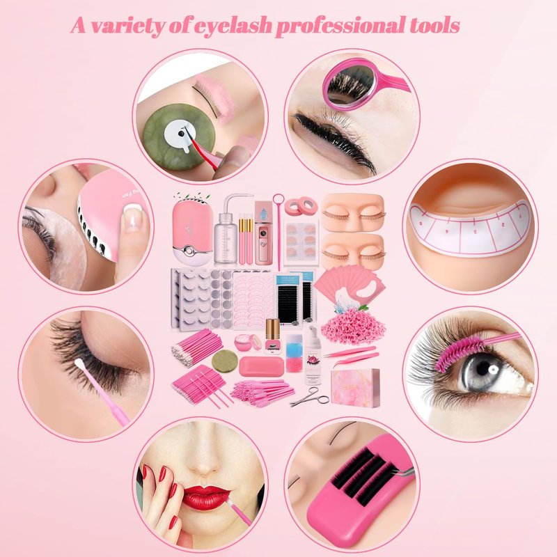 QUKLOGEN Lash Extension Kit for Beginners Lash Mannequin Head with Replaced Eyelids False Eyelashes Practice Eyelash Strips Facial Mister Tweezers Glue USB Fan Professional Set