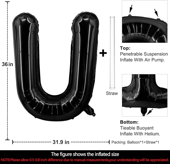 Lovoir 40 Inch Large Black Letter U Balloons Big Size Jumbo Mylar Foil Helium Balloon for Birthday Party Celebration Decorations Alphabet Black U