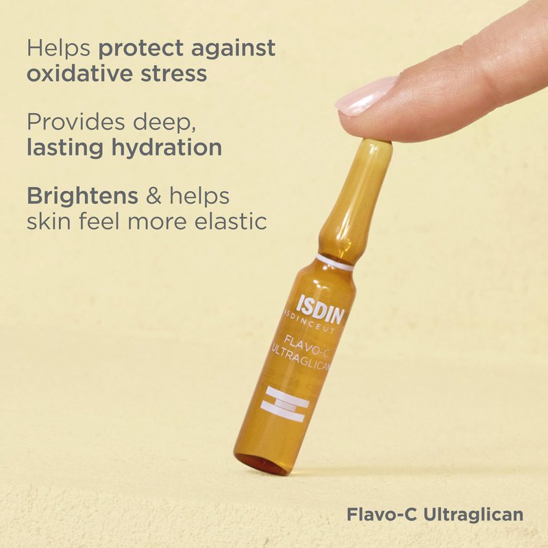 ISDIN Isdinceutics Flavo-C Ultraglican Vitamin C and Hyaluronic Acid Brightening and Antioxidant Day Serum for Face - 10 ampoules, 0.06 FL OZ x 10