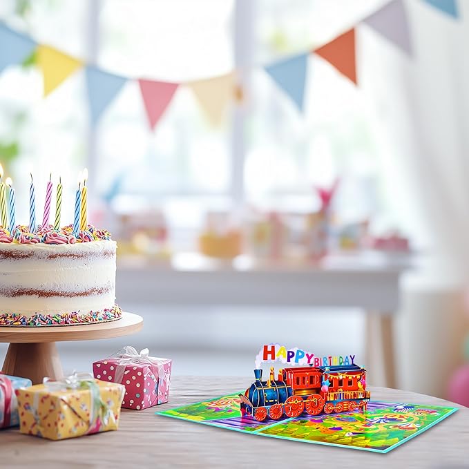 GREETING ART Happy Birthday Train Pop Up Card,3D Greeting Card for Birthday, Pop Up Birthday Card for Kids Boys Men Grandson Friends Daughter Son (Train Birthday Card)