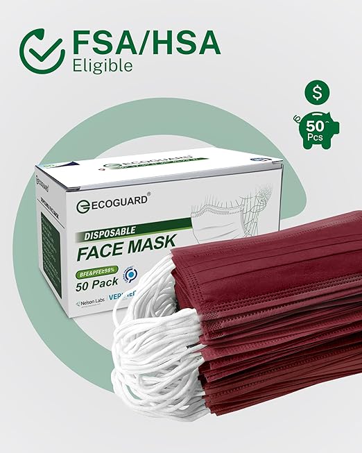 Disposable Face Masks Made in USA, 4 Ply for Families, Students, Breathable All-Day Wear & Safety, FSA HSA Eligible, ASTM Level 3 Medical Grade, 50 Pack, Burgundy