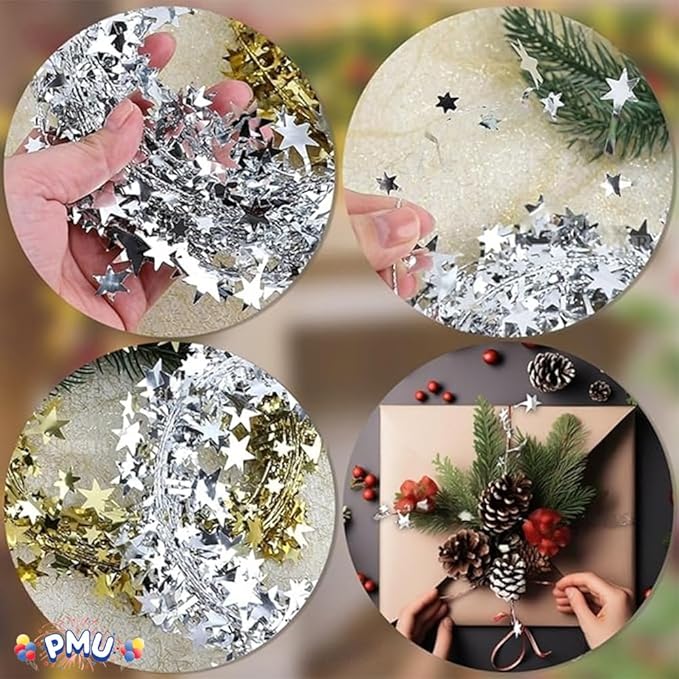 PMU 25 Ft Star Wire Shiny Garland Silver - Halloween, Christmas Party, Wedding, Birthday, Festive Home Decoration Ornament Silver