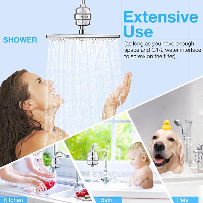 20 Stage Shower Filter w/ 3 Cartridge, Shower Head Filter, Reduce Well Hard Water Chlorine Heavy Metal & Impurity, Improve Skin Hair, Fit Most Handheld Showerhead Fixed Rainfall, Chrome