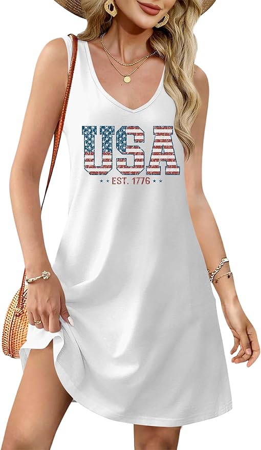 LHBNK 4th of July Dress for Women: American Flag Tank Dresses Star Striped Splicing Loose V Neck Sundresses