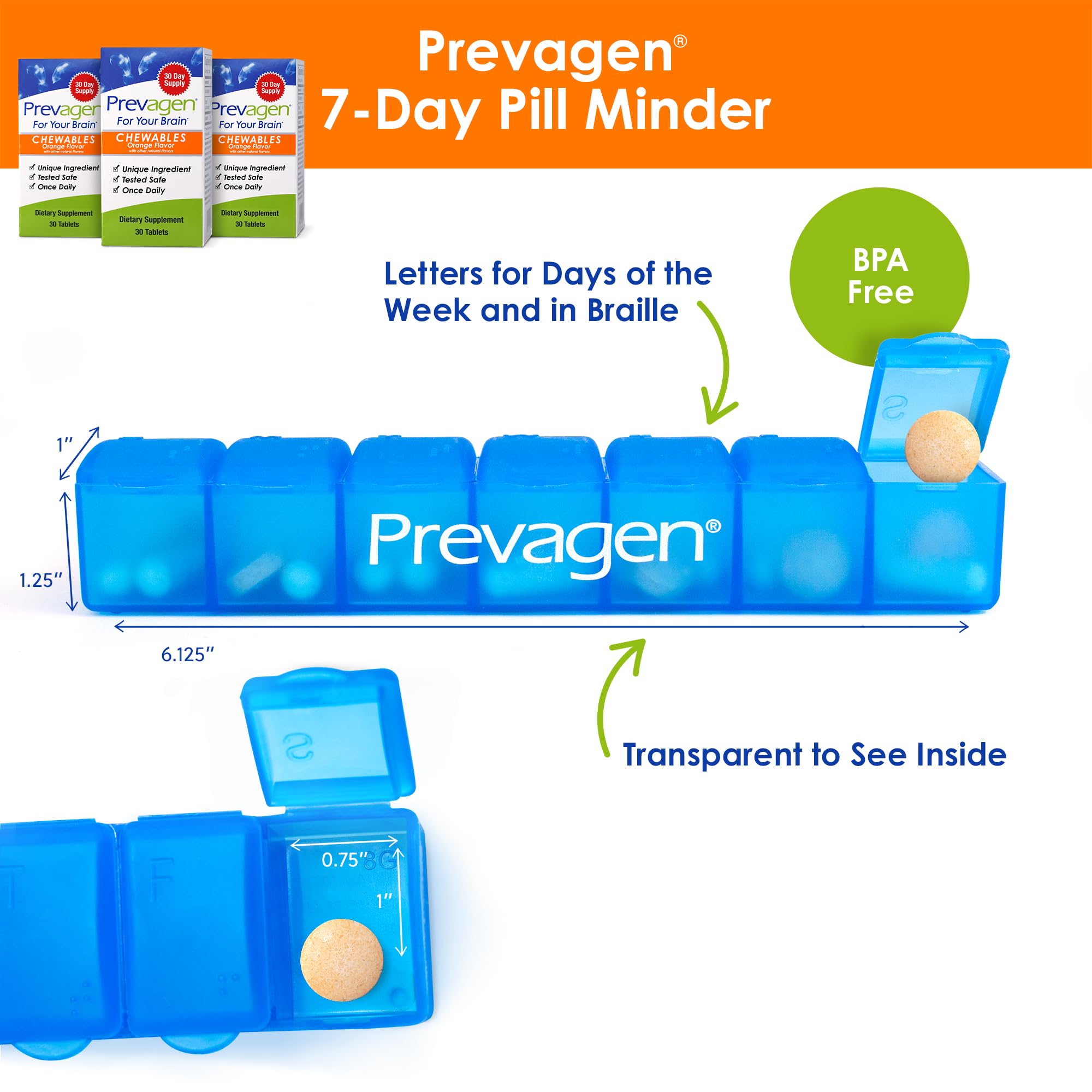 Prevagen Regular Strength Orange Chewables - 90 Tablets (3 Month Supply) | Formulated for Your Brain | 10mg of Apoaequorin Plus Vitamin D3 with 7-Day Pill Minder