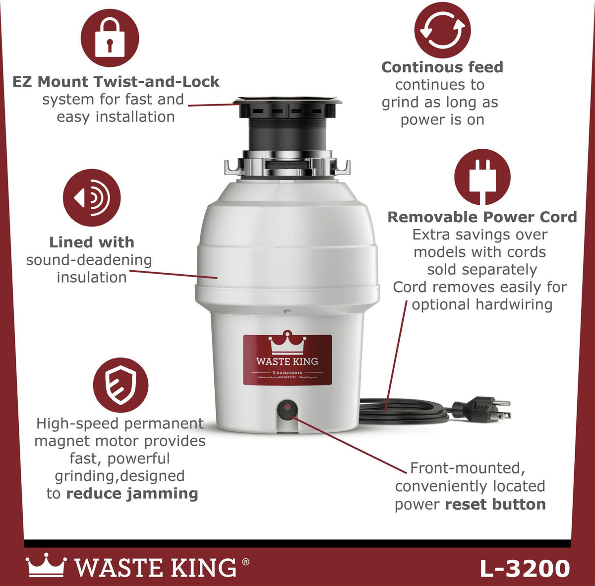 Waste King Garbage Disposal for Kitchen Sink with Power Cord, Food Waste Disposer, L-3200