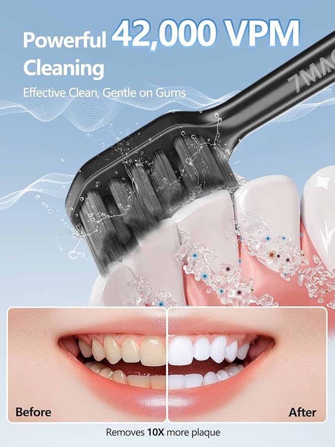 7MAGIC Sonic Electric Toothbrush for Adults and Kids - Up to 180 Days Runtime, 42000 VPM Powered Toothbrush, 5 Modes & 3 Intensities for Sensitive Teeth & Braces, Includes 8 Brush Heads, Black