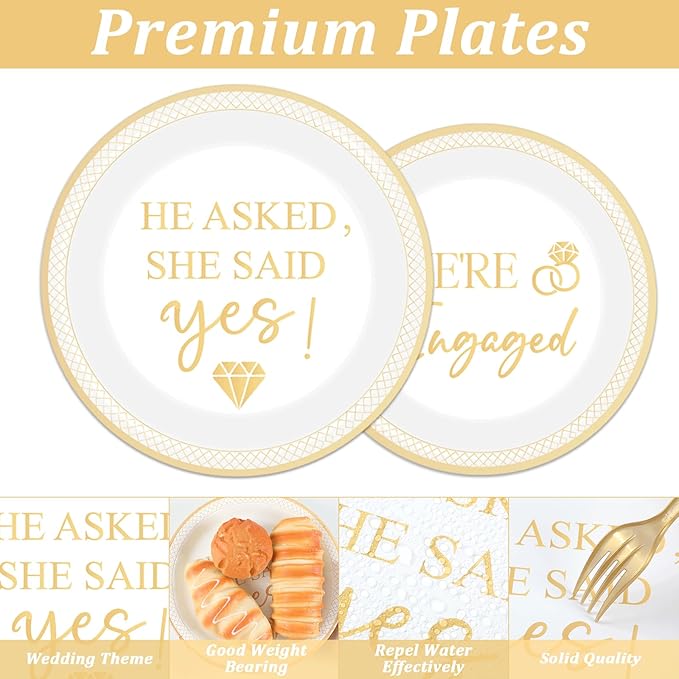 200Pcs Happy Engagement Party Supplies Engagement Paper Plates Napkins She Said Yes Party Tableware Set She Said Yes Disposable Dinnerware for Wedding Birthday Bridal Shower Decoration Serve 50
