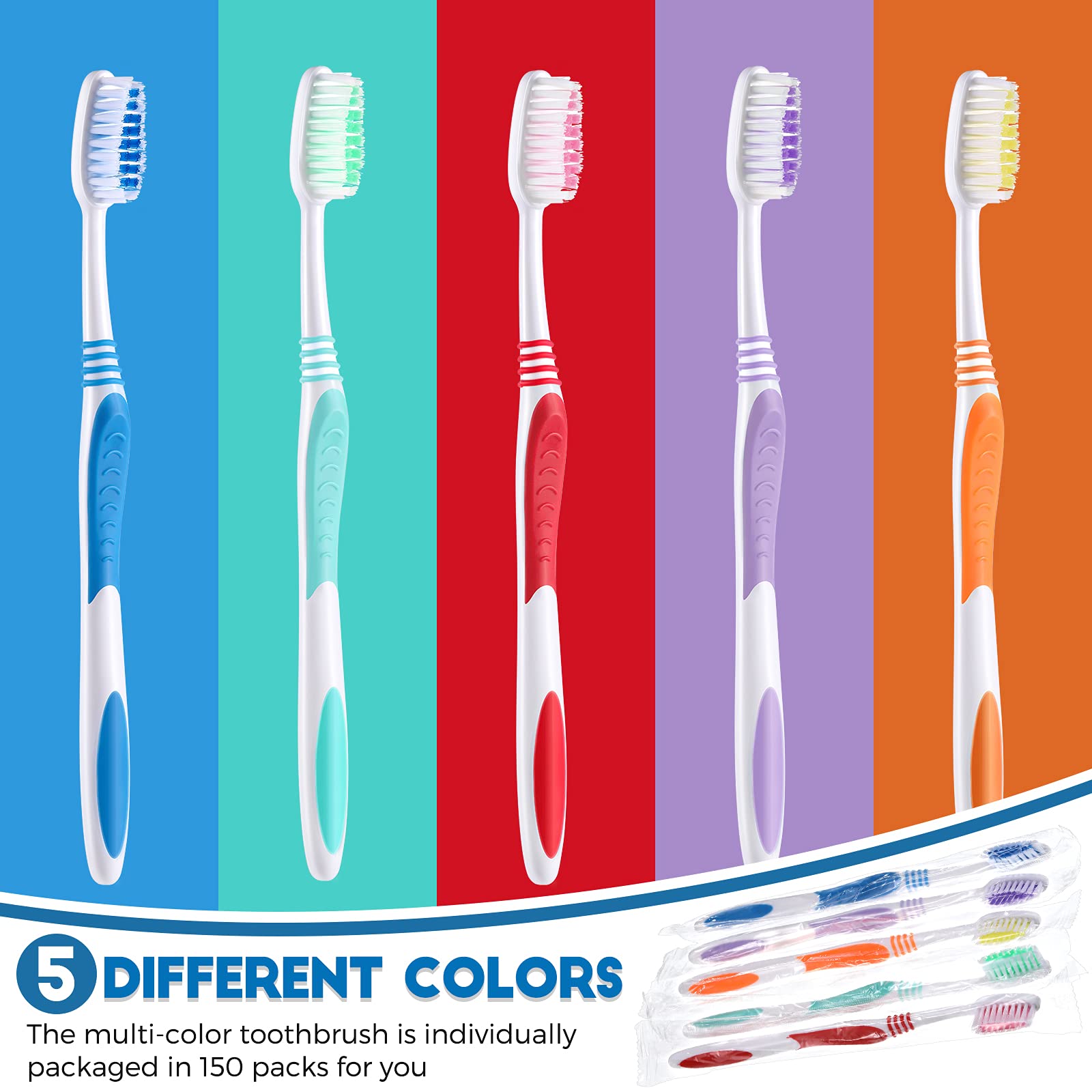 CHENGU 150 Pieces Individually Wrapped Toothbrushes Manual Disposable Travel Toothbrush Medium Soft Bristle Tooth Brush Travel Toothbrush Bulk Toothbrushes for Hotel, Guest, Adults, Kids, Multi Color