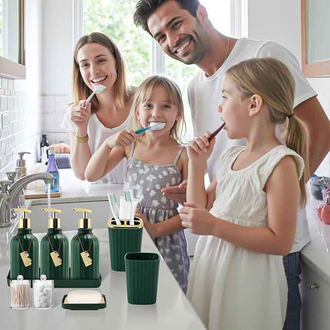 32PCS Bathroom Accessory Set Green Bathroom Accessories Bathroom Set, Shower Curtain Set, 2 Piece Bath Towel Set, 3PC Soap Dispenser, Toilet Brush & Trash Can
