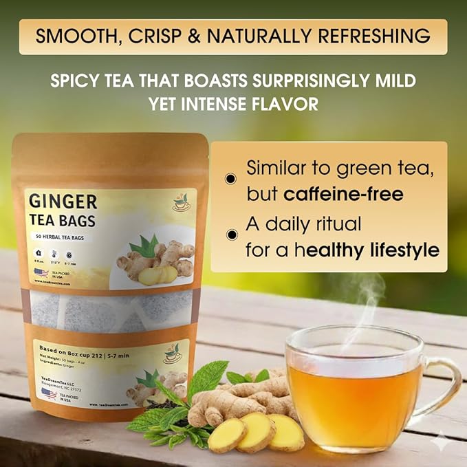 TeadreamTea Ginger Tea Bags - 50 Bleach-Free Tea Bags | Caffeine Free, Antioxidant, Calms Upset Stomach - Strengthen Immune System - Herbal Ginger Tea