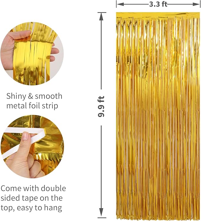 Crosize 2 Pack 3.3 x 9.9 ft Gold Foil Fringe Curtains Party Decorations, Gold Tinsel Curtain Backdrop for Parties, Streamer Fringe Backdrop for Bachelorette Valentines Day Party Birthday Decoration
