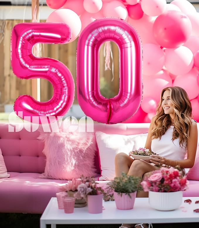SUWEN 40 Inch Large Hot Pink 50 Balloon Numbers Big Foil Helium Number Balloons 0-9 Jumbo Happy 50th Mylar Birthday Party Decorations for Women Anniversary Party Supplies
