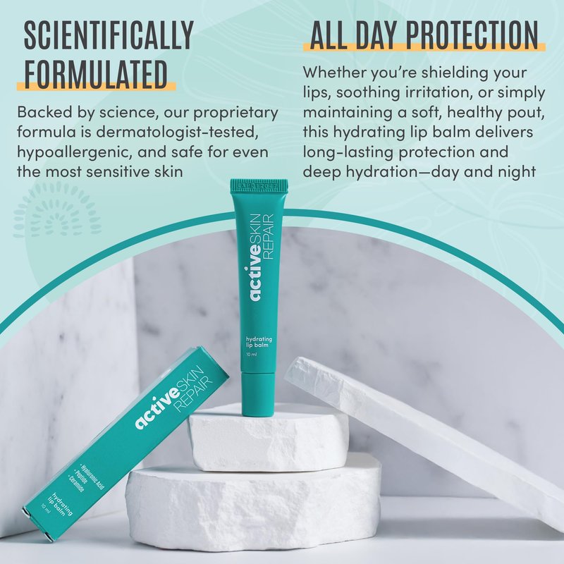 Active Skin Repair Hydrating Lip Balm for Dry Lips, EWG Certified Long-Lasting Moisturizing Lip Balm with Hyaluronic Acid, Peptides, and Ceramides, 10 ml.
