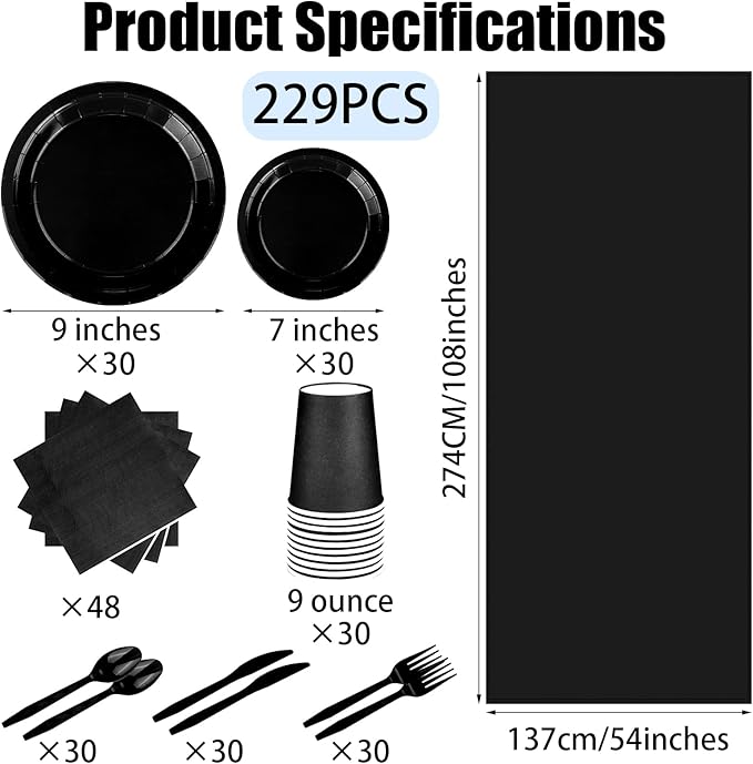 TWOWYHI 229PCS Black Party Supplies Set Paper Disposable Plates Cups Plastic Spoons Forks Knives Black Napkins for 30 Guests Disposable Party Dinnerware Sets for Wedding Birthday Parties