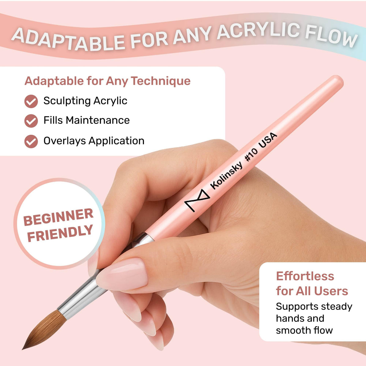 Majesti Pink Acrylic Nail Brush - Professional Kolinsky Acrylic Nail Brush- Handcrafted Nail Tool Supplies - Long Lasting, Professional Nail Art - Comes in 6 Sizes