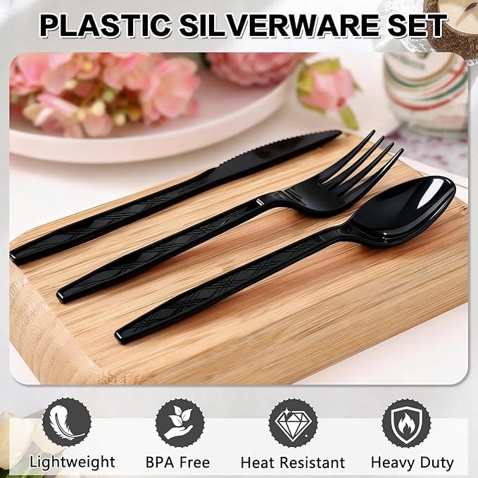 Dualshine 360-Pack Black Plastic Silverware, Disposable Cutlery Set, Plastic Forks and Spoons Knives Utensils Set (120 Each) for Restaurants, Picnics, Catering, Parties, Weddings