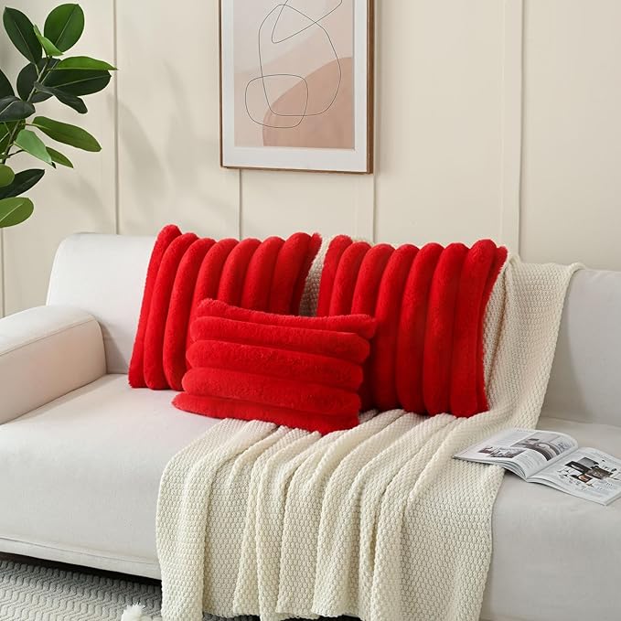 FUTEI Christmas Red Decorative Throw Pillow Covers 18x18 Inch Set of 2, Square Soft Faux Rabbit Fur Thick Striped Cushion Cover,Winter Home Decor for Couch Bed Living Room
