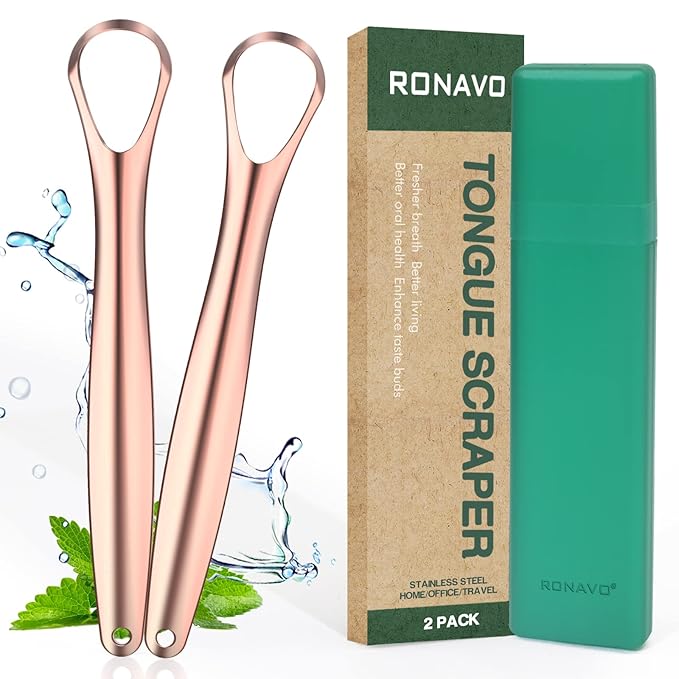 RONAVO Tongue Scraper for Kids & Adults, Right Size for Tiny Mouth,Freshen Bad Breath (Travel Cases Included), Healthy Oral Care, Stainless Steel Tongue Cleaners, 2 Pack