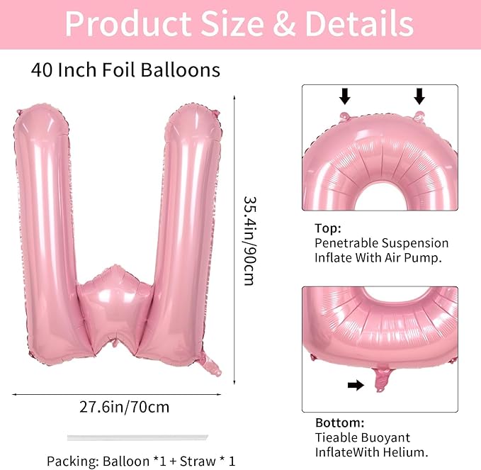 40 Inch Pink Letter Balloons, Giant Light Pink Letter W Balloon, Single Alphabet W Balloon, Pastel Foil Name Balloons for Girls Women Birthday Princess Anniversary Graduation Decoration