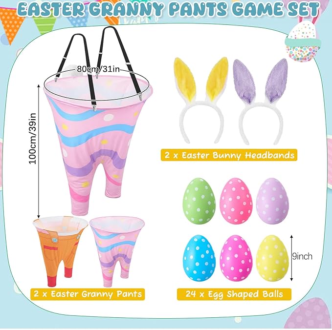 2 Sets Easter Granny Pants Outdoor Games, Giant Granny Cute Pants with Egg Balls & Bunny Ear Headbands, Funny Spring Yard Tossing Game for Adults Family Party Gathering (Bright Style)