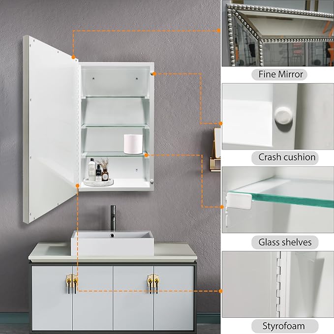 Bathroom Medicine Cabinet with Silver Metro Beaded Wooden Frame, 16x26 Inch Retro Bevel Mirror, Recessed or Surface Mount Bathroom Cabinet,Space-Saving Storage Cabinet
