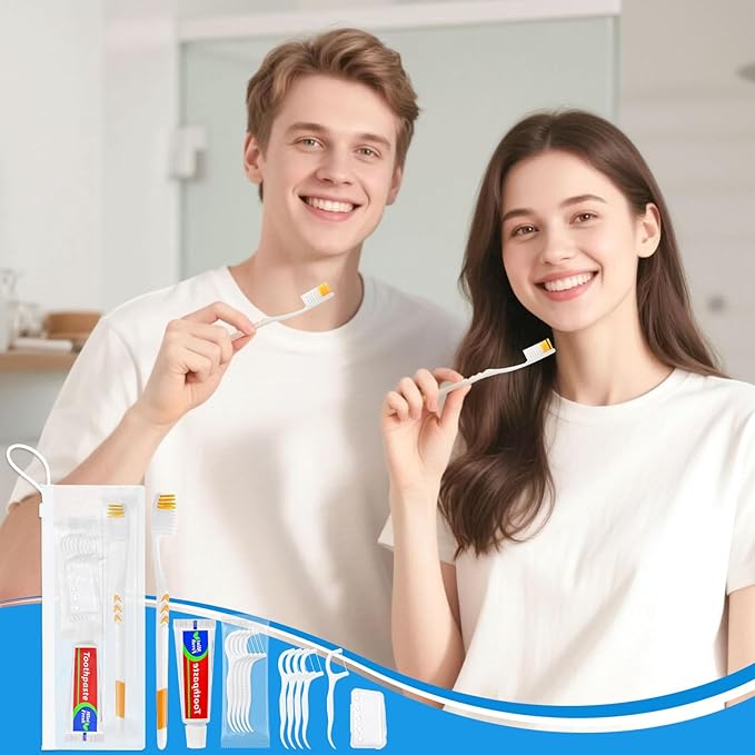 HOIQIRY Disposable Toothbrushes with Toothpaste Set - Pack of 50,Individually Wrapped Personal Hygiene Kits in Bulk 5-in-1 Travel Size Convenience Kits for Hotel,Camping,Guest,Homeless,Charity,Church