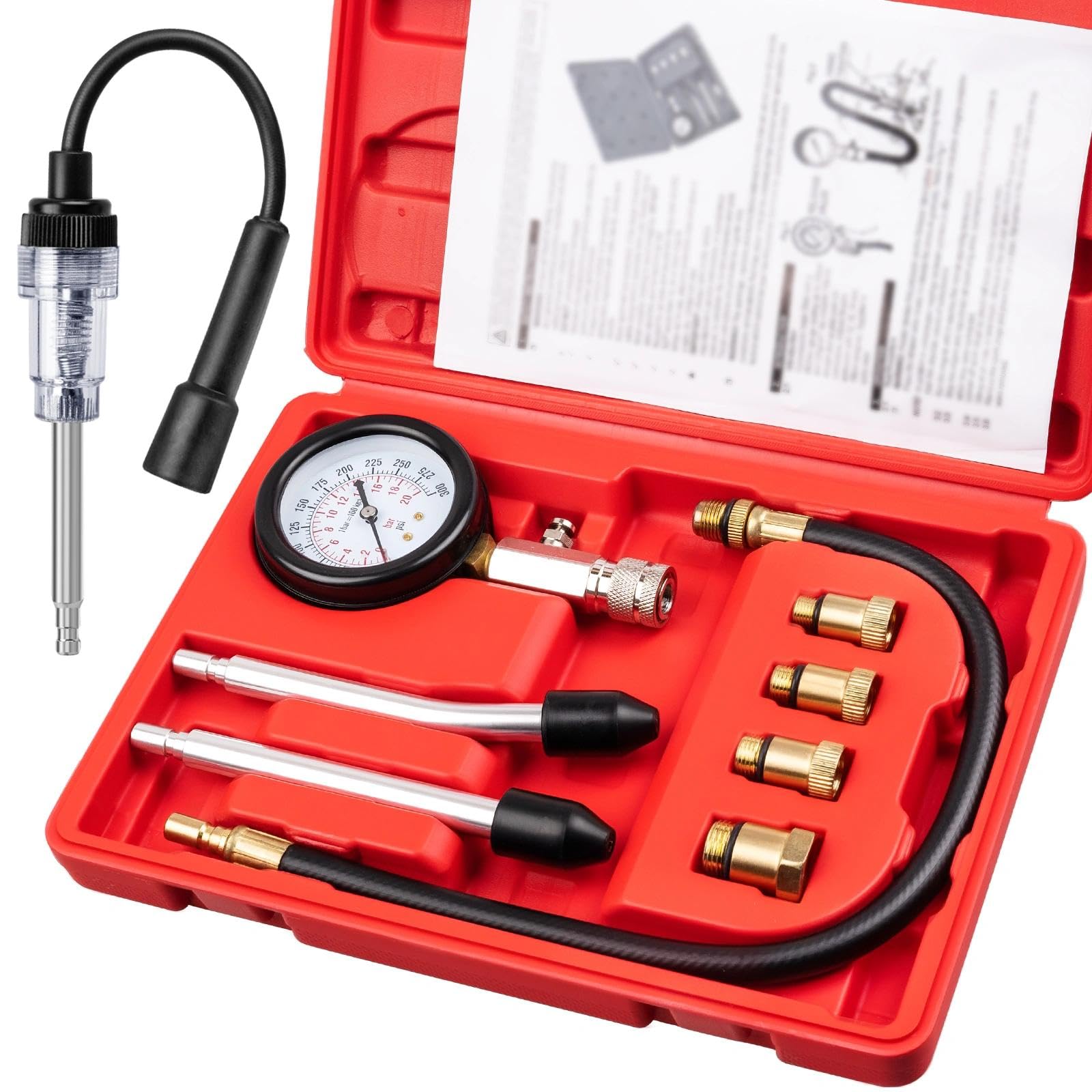 9pcs Petrol Engine Cylinder Compression Tester Kit Include Spark Plug Tester, 0-300PSI Small Engine Compression Tester for Testi