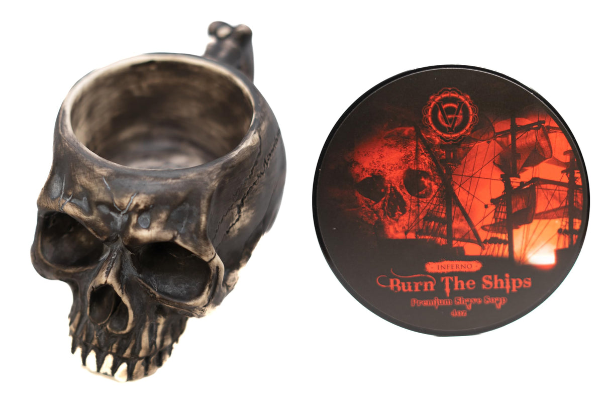 Burn The Ships Shaving Kit | Ceramic Skull Shave Bowl & Cream | Wet Razor Lather Mug | Hot Scuttle for Traditional Grooming | Shaving Soap Gift Set | Barber Accessories for Men