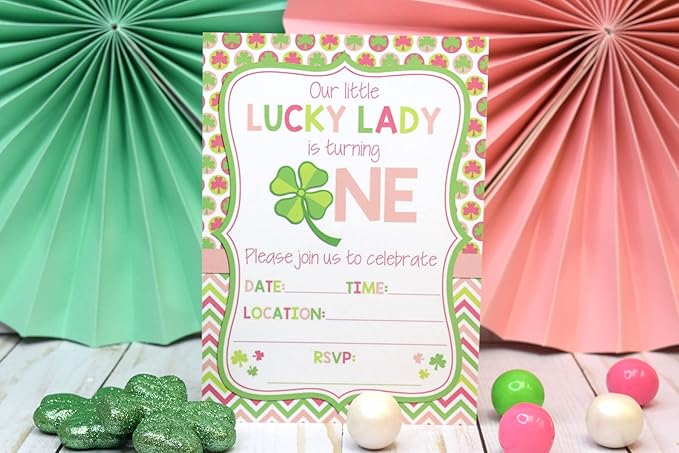 Lucky Lady First Birthday Clover St. Patrick’s Day Party Invitations for Girls, 20 5x7 Fill In Cards with Twenty White Envelopes by AmandaCreation