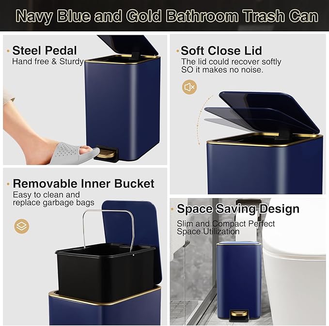 Navy Blue Bathroom Accessories Set 8 Piece Navy Blue and Gold Bathroom Set, Bathroom Sets with Stainless Steel Trash Can,Toilet Brush,Toothbrush Set,Soap Dispenser